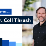 Image of Professor Coll Thrush overlaid with text boxes that read "Know Your Profs with" and "Dr. Coll Thrush". Rectangles in the History Department's brand colours line the bottom left of the image in a descending staircase, with the History Department text logo on the left-most rectangle.
