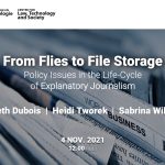Event poster for "From Flies to File Storage:Policy Issues in the Life Cycle of Explanatory Journalism", featuring Elizabeth Dubois, Heidi Tworek, and Sabrina Wilkinson. November 4 at 12 pm Eastern Time.