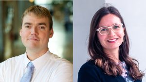 Compilation image of Benjamin Bryce and Kelly McCormick. Benjamin Bryce is on the left of the image. He wears a white dress shirt and a light blue tie decorated with small squares. Kelly McCormick is on image right. She has long brown hair and wears white-rimmed glasses.